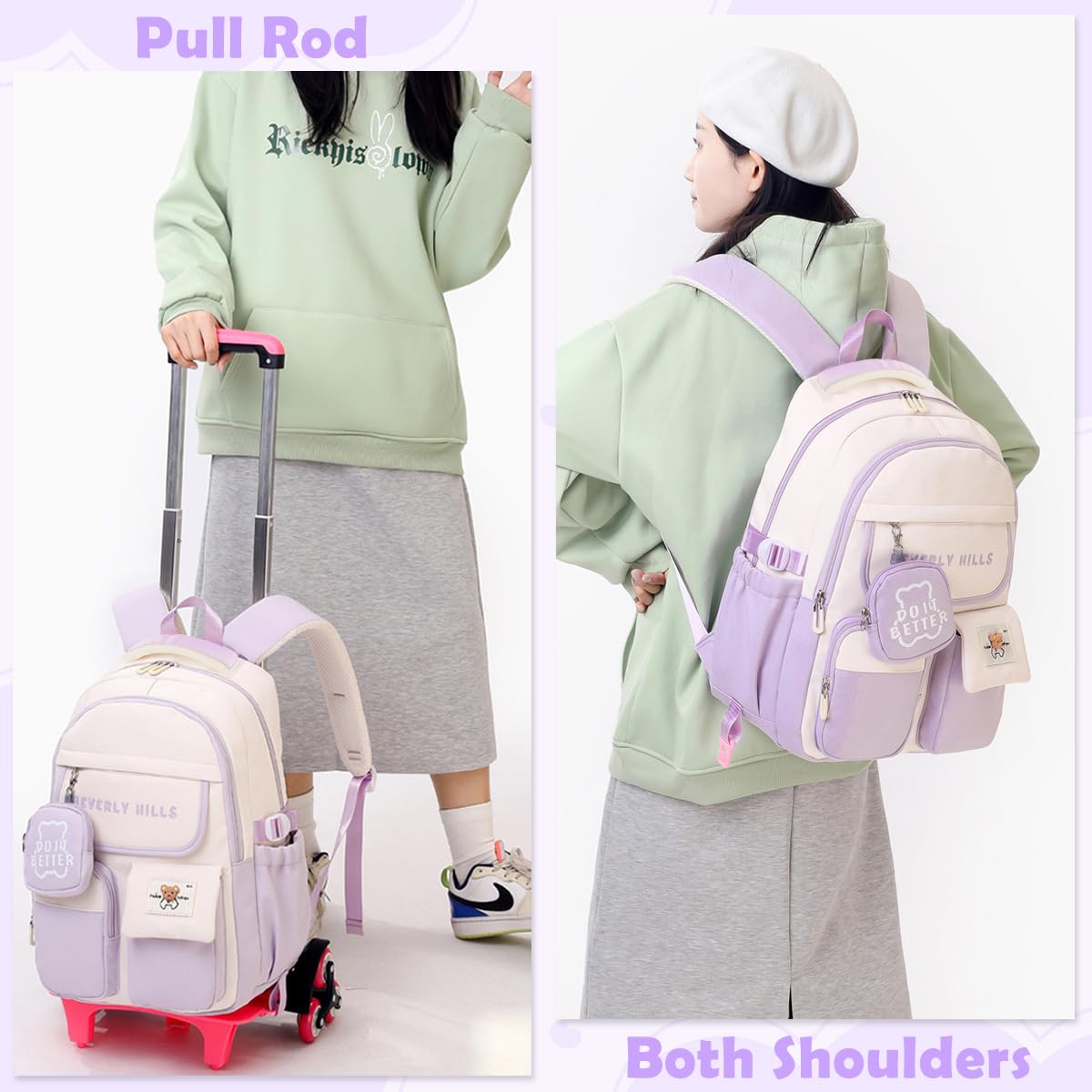 PALAY School Backpack with Wheels for Girls featuring 6 Wheel Metal Trolley and Retractable Handle