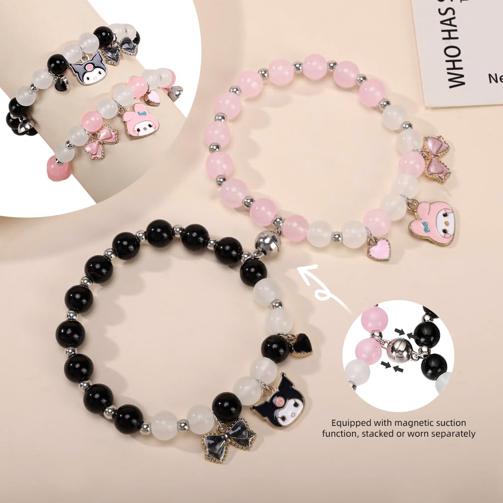 Venzina Friendship Bracelet Set for Girls and Women with 8mm Beads and Magnetic Heart Charms | Matching Gift for Sisters and Best Friends