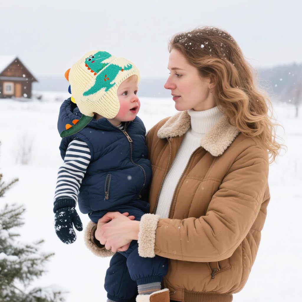 SNOWIE SOFT Cute Dinosaur Knitted Winter Cap for Kids 2–4 with Ear Guards | Beige Warm Beanie