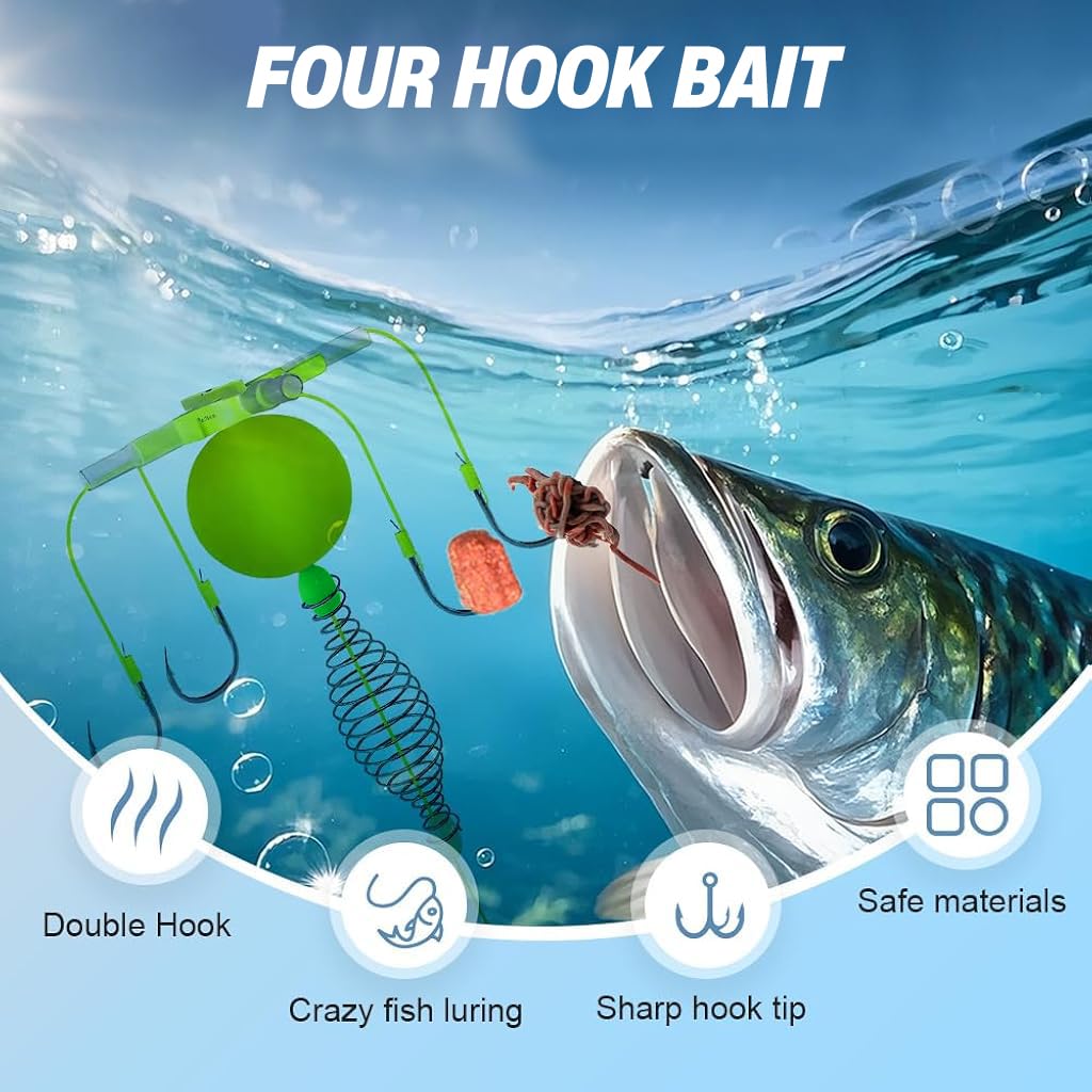 Proberos Fishing Hook Bait Rig with 4 Carbon Steel Hooks and Self Hooking Feeder System | Floating Cage Design for Lake and River Use