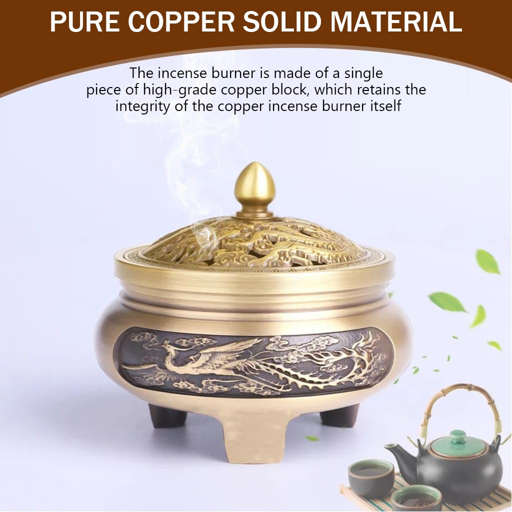 HASTHIP Incense Burner 2.7 in Bronze Alloy with Hollow Lid for Home and Office Décor | Engraved Phoenix Design