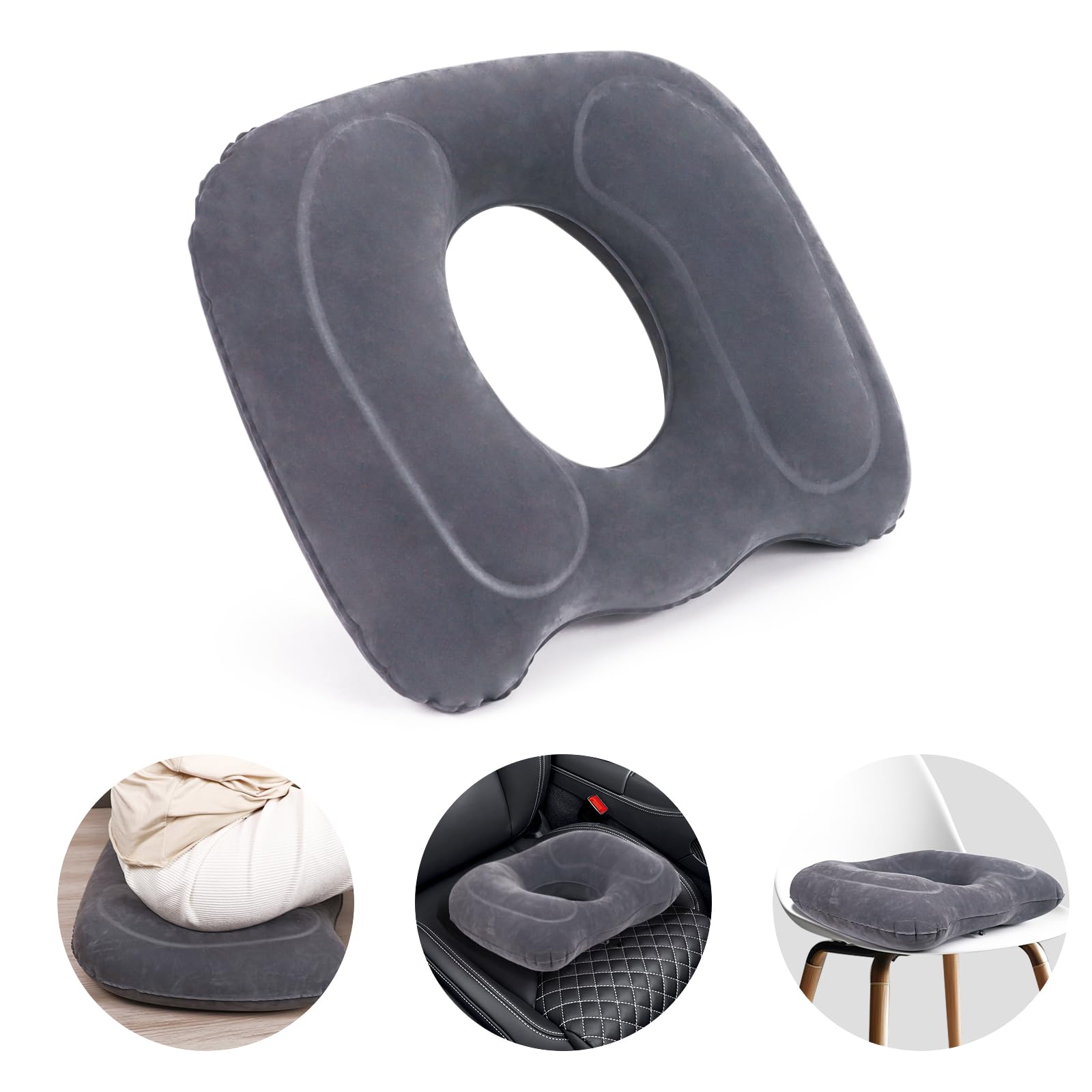 HANNEA Inflatable Air Cushion Seat Pad for Office and Travel with 13.6x11 in Hollow Center | Flocking Coated Portable Support Pillow