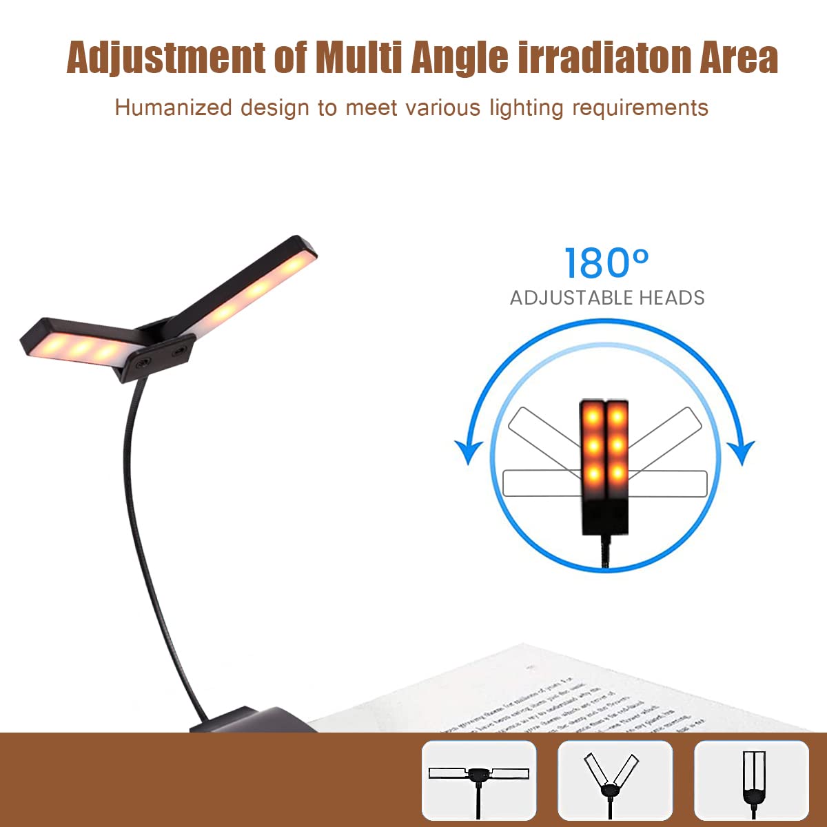 ELEPHANTBOAT Reading Lamp for Study with 18 LED Dual Lights and 360° Flexible Gooseneck | Rechargeable 1200mAh Clip-On Light for Bedside or Desk