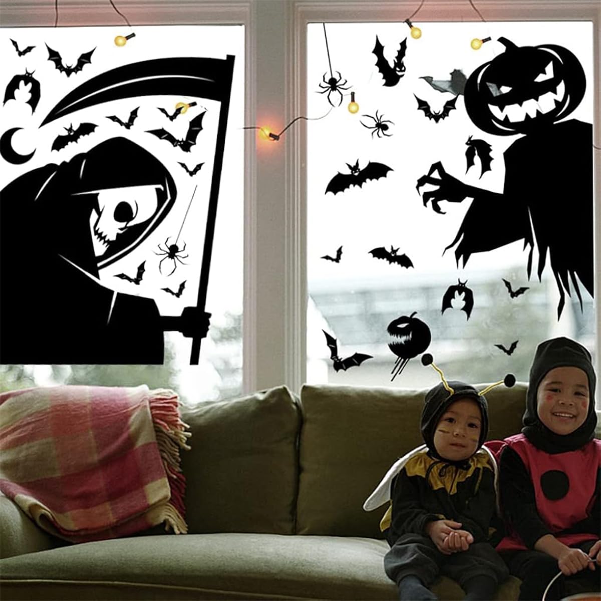 HASTHIP® Halloween Window Decals Spooky Ghost Devil Window Stickers Black Silhouette Non-Adhesive Halloween Wall Stickers Halloween Party Room Decor