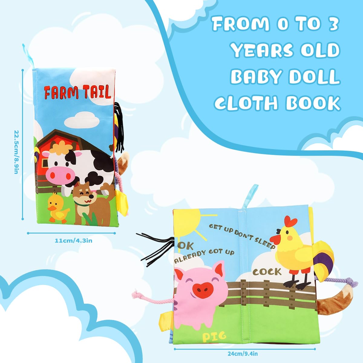 SNOWIE SOFT Farm Cloth Books for Baby Learning with 3D Animal Tails | 3PCS Set