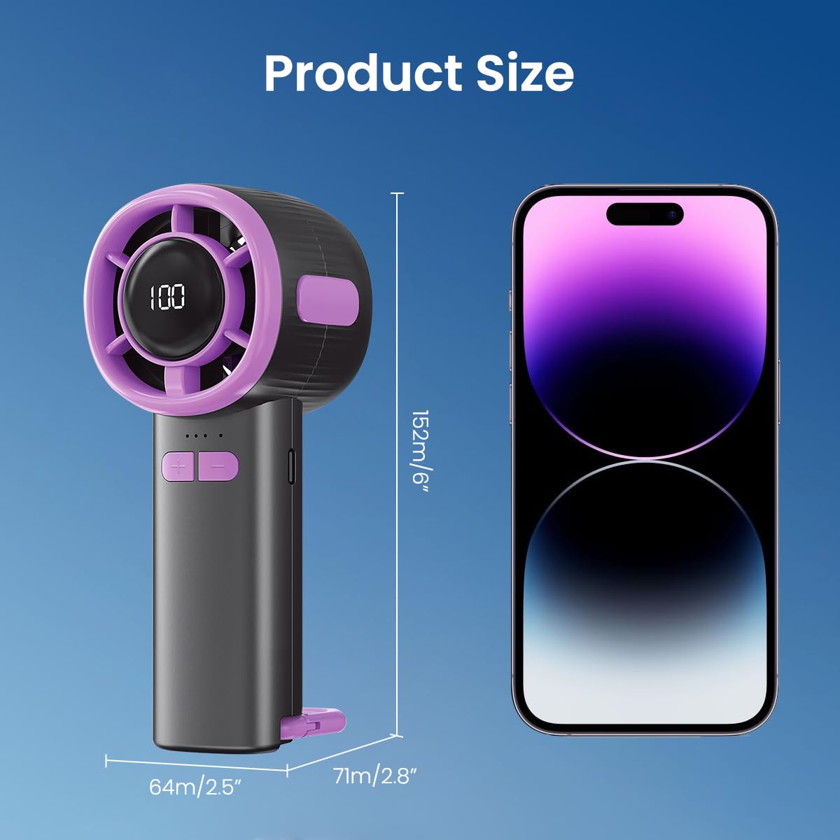 Verilux USB Handheld Fan for Travel and Hiking with 6.4x15.2cm Compact Design | Stepless Airflow & Digital Display