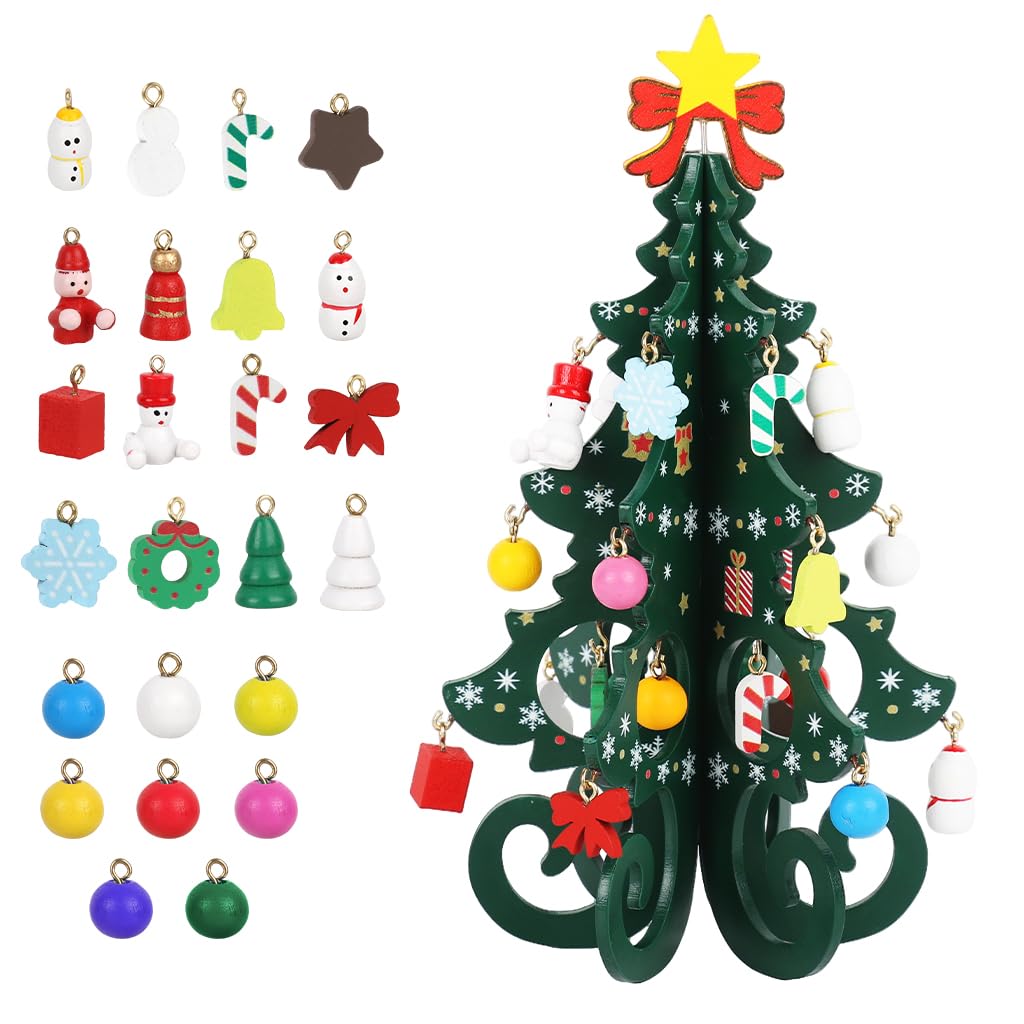 Supvox Christmas Decorations for Home Table featuring DIY Wooden Tree with Cartoon Charms