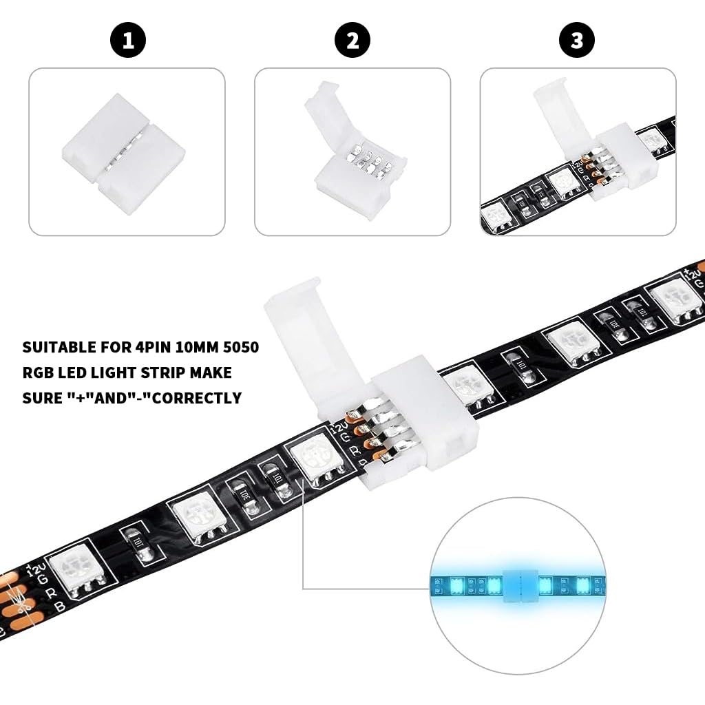 Zeitel Connectors for RGB LED Light Strip Extension with 10mm Gapless 4 Pin Design featuring Reusable PBT Material | Ideal for DIY and TV Lighting