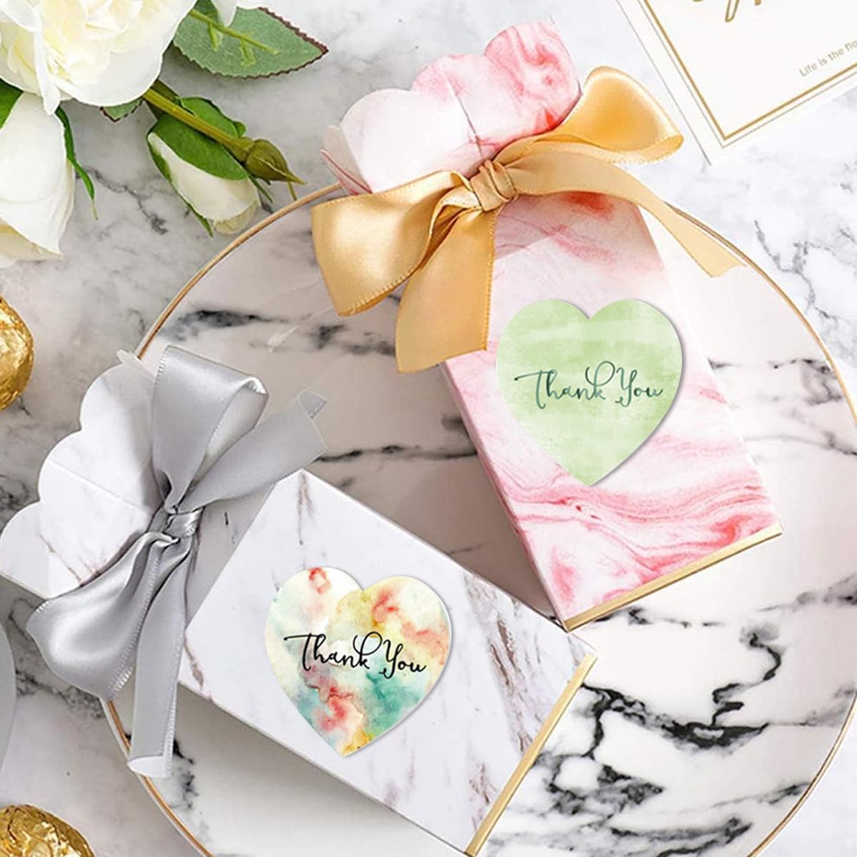 HASTHIP® 500Pcs Thank You Stickers - 8 Different Design Colorful Heart-Shape Sticker Sealing Stickers, 1'' Self Adhesive Thank You Sticker Lable Heart-Shape Sticker for Christmas Gift, Invitation