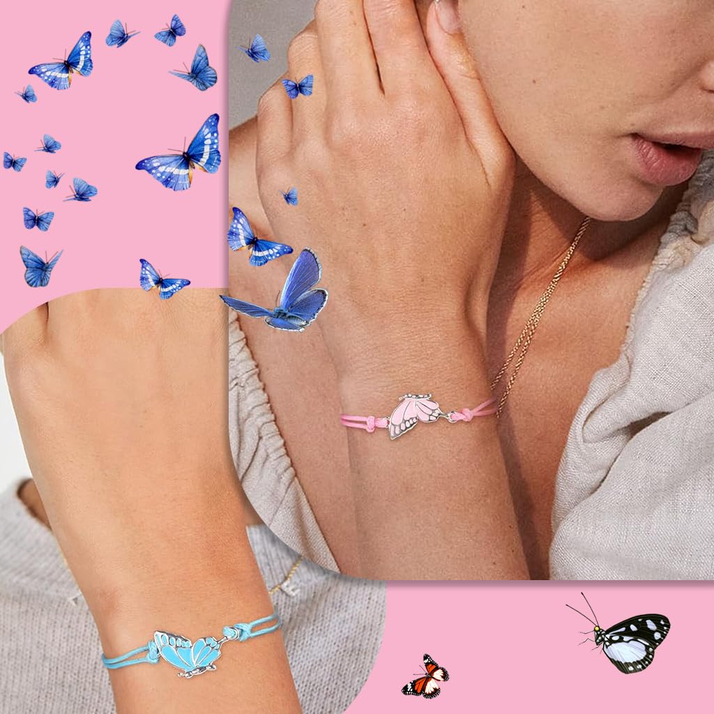 ZIBUYU Friendship Bracelets Butterfly Charm Bracelets Adjustable Rope Bracelets for Girls BFF Bracelets Fashion Pink & Blue Friendship Bracelets Jewelry Gifts for Girls, Friends, Sisters