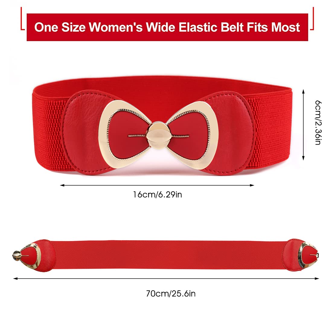 Zibuyu Waist Belt for Dresses with 2.3 in Width and Interlocking Bowknot Buckle | Red Elastic Style
