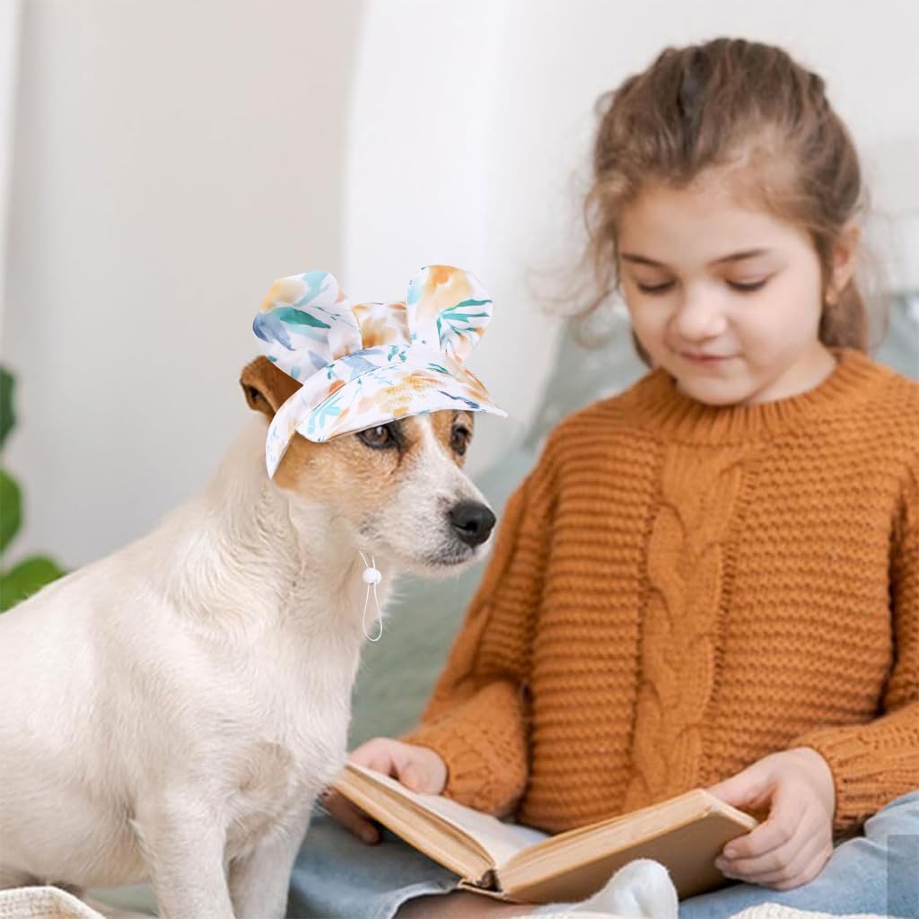 Qpets Small Dog Sun Visor Hat with Adjustable Chin Strap featuring Bunny Ears and Green Floral Polyester Design