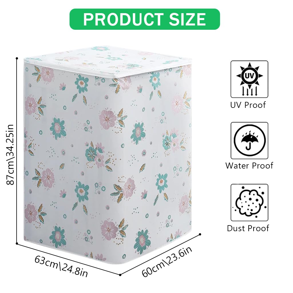 HASTHIP® Dust Cover for Household Washing Machine PEVA Dust Cover with Roll-Up Curtain fpr Front-Loading Washer Fashion Floral Print Household Washing Machine Dust Cover