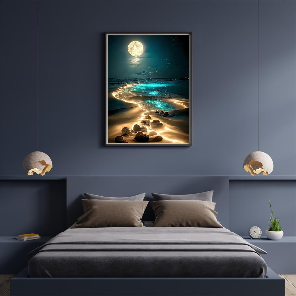HASTHIP Diamond Painting Art Kit for Home Decor featuring Dreamy Beach Moonlit Night 12x16 in