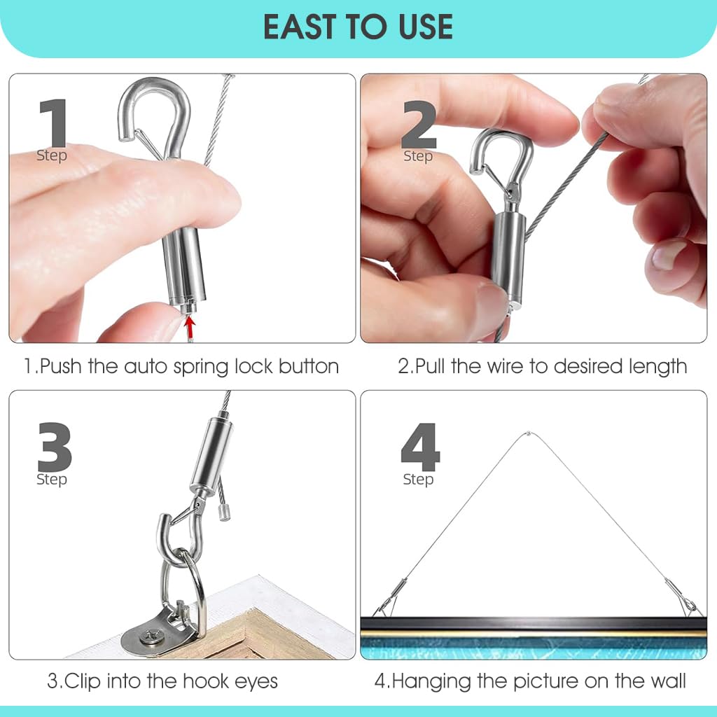 HASTHIP Hooks for Picture Hanging with Quick Release Buckles and 1m Adjustable Stainless Steel Wire