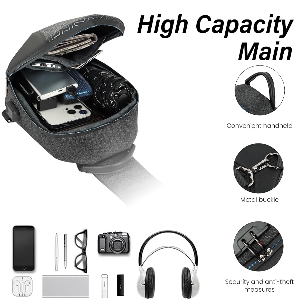 Venzina Sling Bag for Men with 3-Digit Lock and USB Charging Port | 32×12×23 cm Crossbody