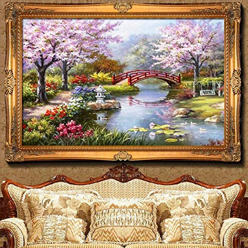 HASTHIP® DIY 5D Diamond Painting Kit, Full Drill Rhinestone Embroidery Cross Stitch Pictures Art Kit for Adults, Suitable for Home Wall Decor, Peach Blossom Bridge-11.8x15.8In