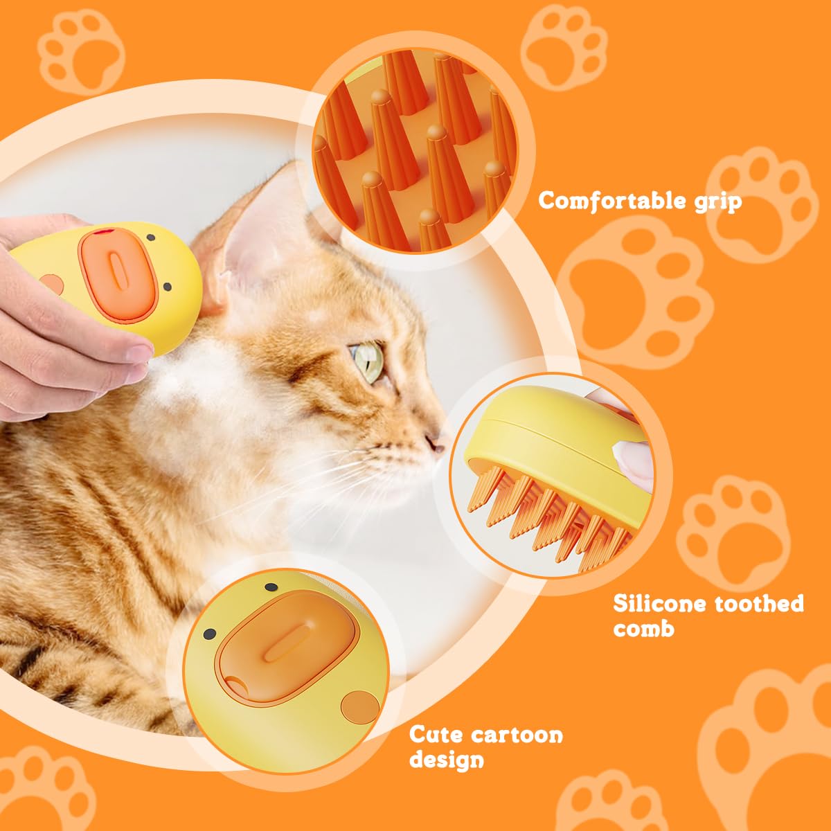 Qpets® Cat Steam Brush, Dog Steam Brush, Cartoon Steam Brush for Cat Dog, Water Brush for Dog Cat Brush, 2 In 1 Dog Hair Brush Cat Comb Pet Cleaning Brush & Massage Brush - Yellow, USB Rechargeable