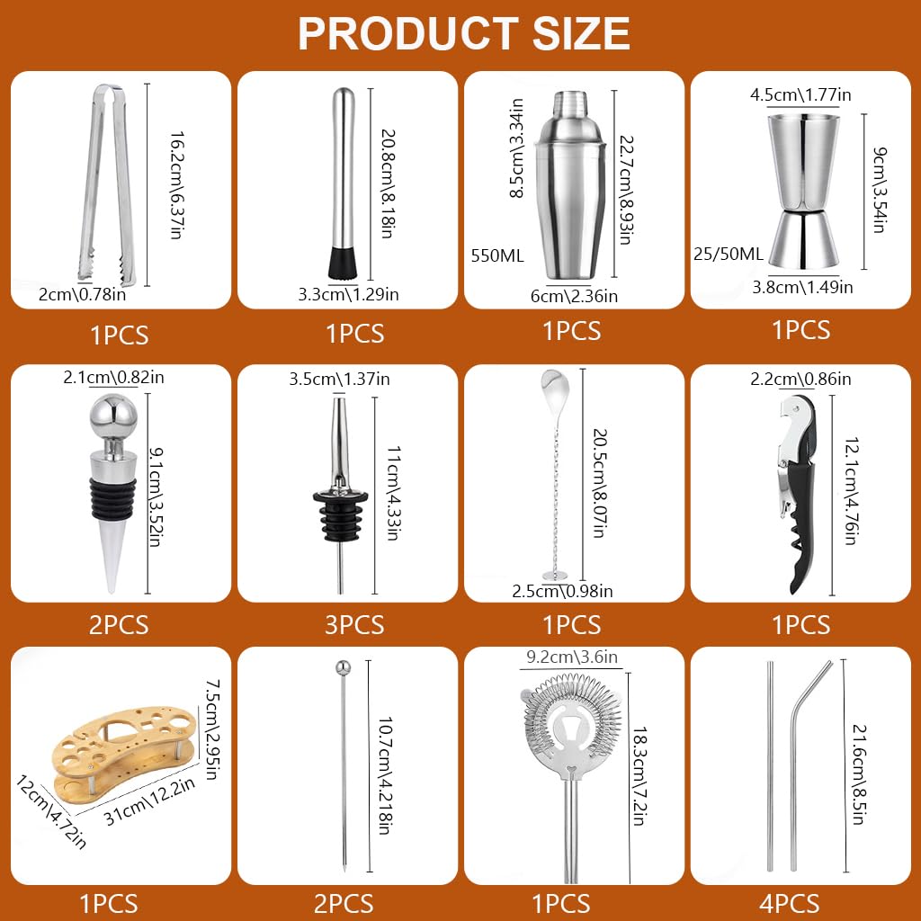 Supvox Cocktail Shaker Set for Home and Bar with Bamboo Stand | 19Pcs 550ml Stainless Steel Tools