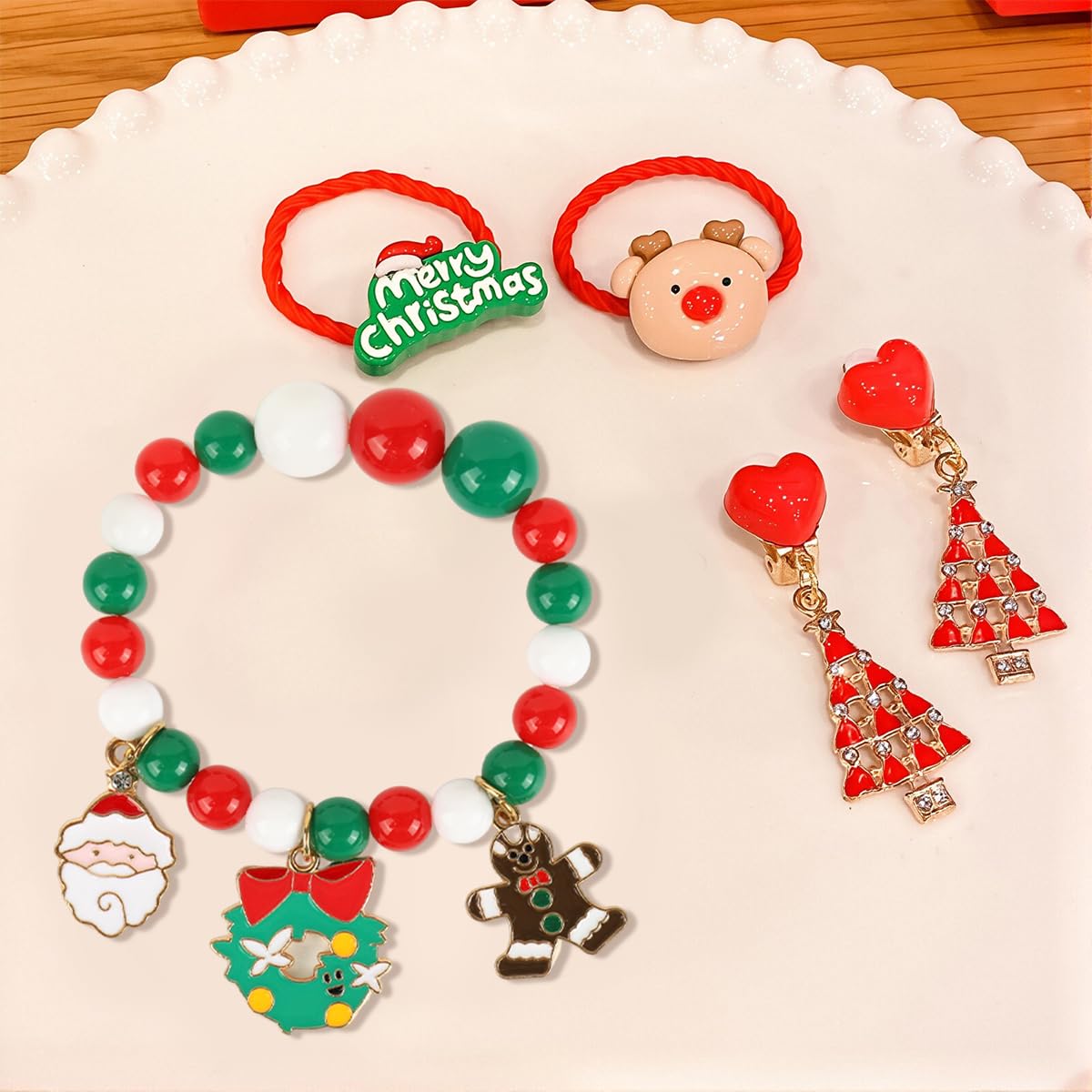 SANNIDHI Kids Christmas Jewelry Gift Set of 5Pcs for Girls with Beaded Bracelet and Hair Ties