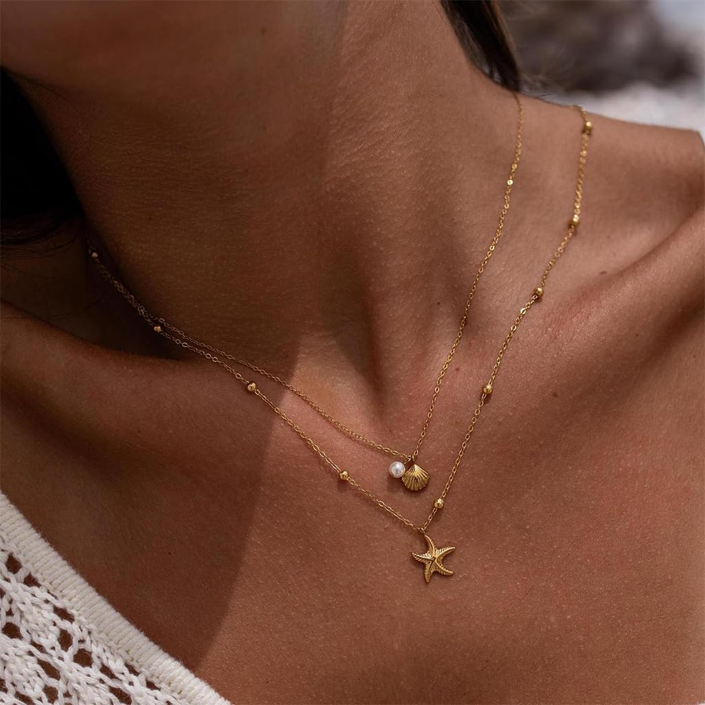 SANNIDHI Necklace for Women featuring Dual Layer Chains with Starfish and Seashell Pendants | Golden Titanium Steel Beach Jewelry