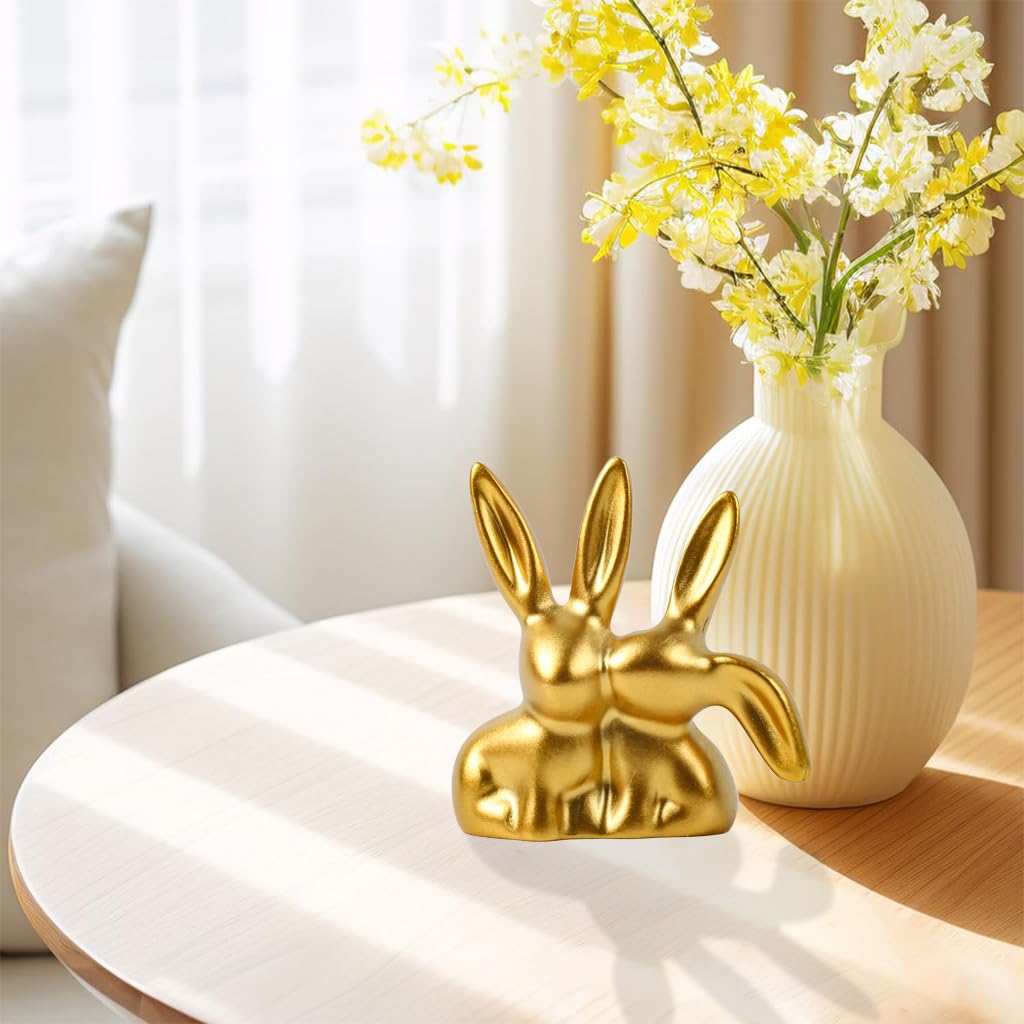 HASTHIP Desk Decor Ornament for Car and Home with 2.76 in Golden Resin Couple Bunny | Cute Gift