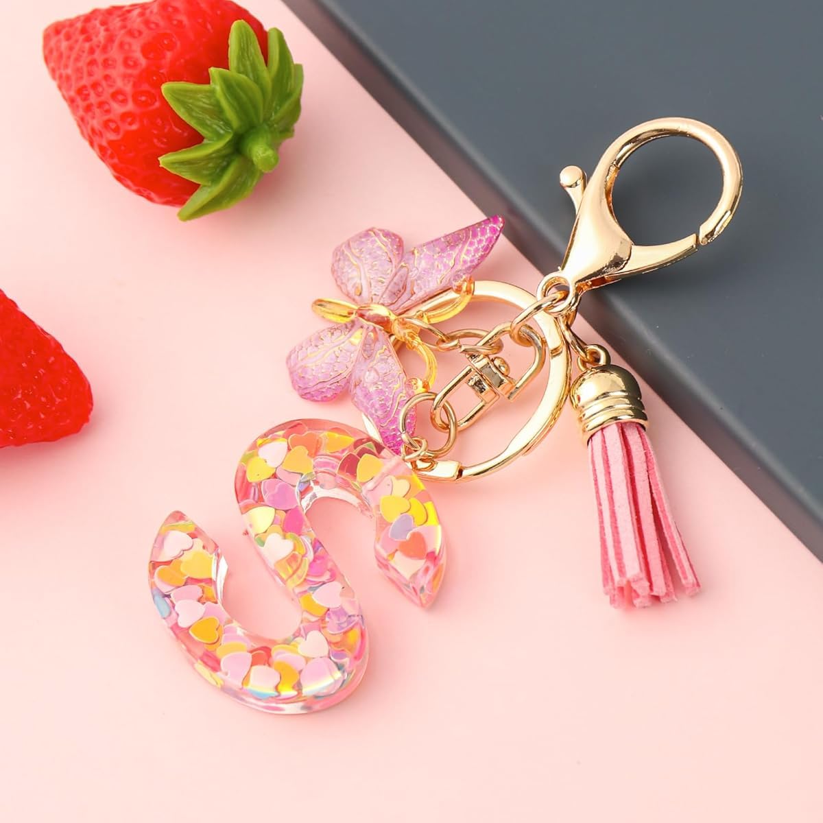 ZIBUYU Letter S Keychain for Bags and Backpacks featuring Pink Butterfly Clear Resin | 2 PCS Gift for Girls