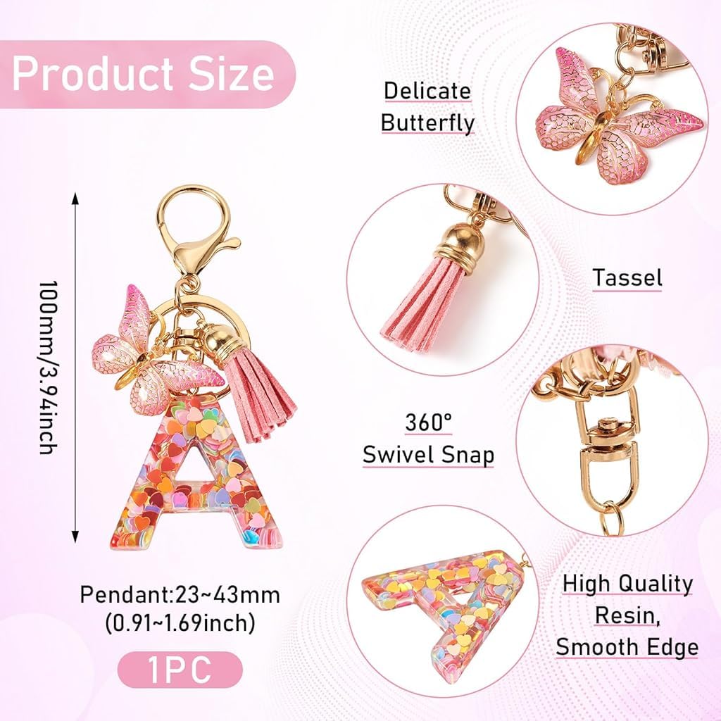 ZIBUYU Keychain Charm featuring Letter A&S with Pink Butterfly Clear Resin for Girls | 1 Piece
