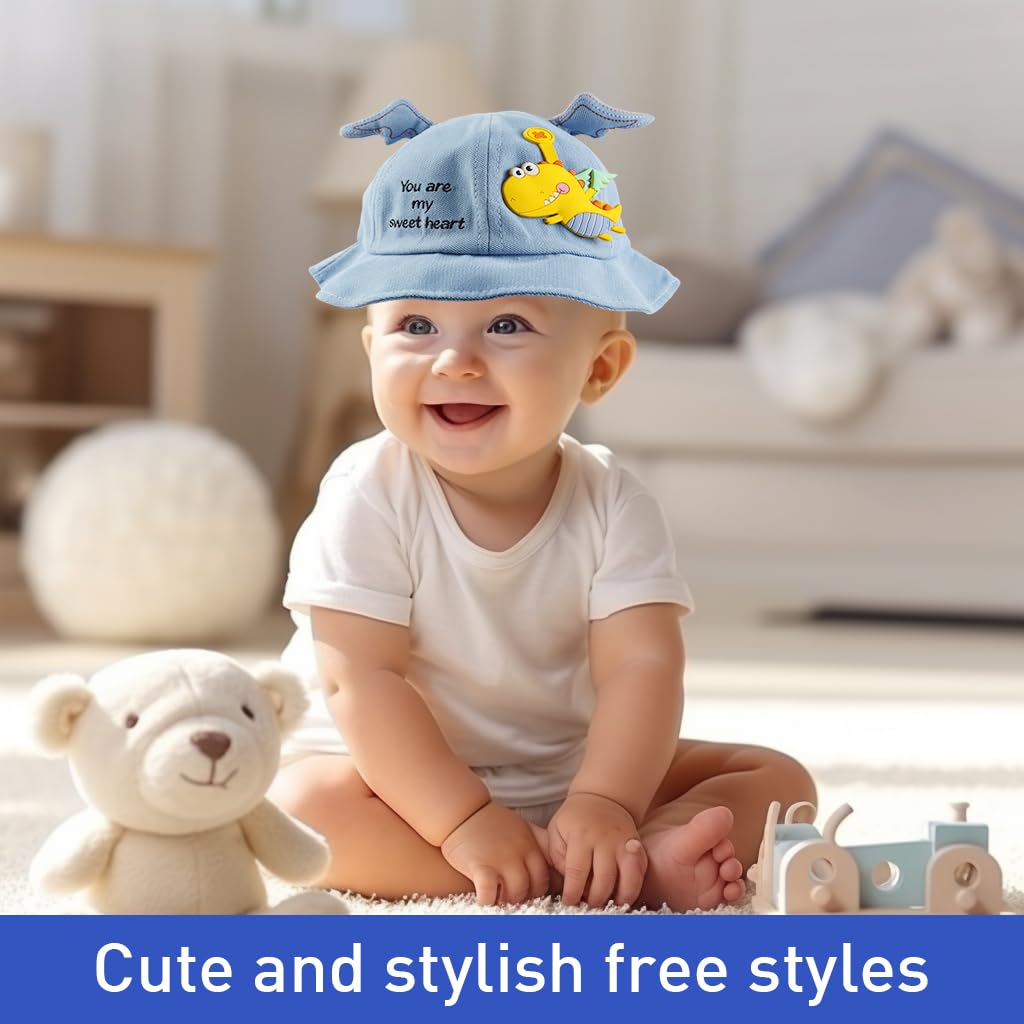 Venzina® Bucket Hat for Kids Boys and Girls Cotton Cap with Antler Cartoon Dinosaur Sun Protection Hat Breathable Wide Brim Summer Kids Cap for Toddlers 1-4 Years Old Hats Gift For Boys, Kids