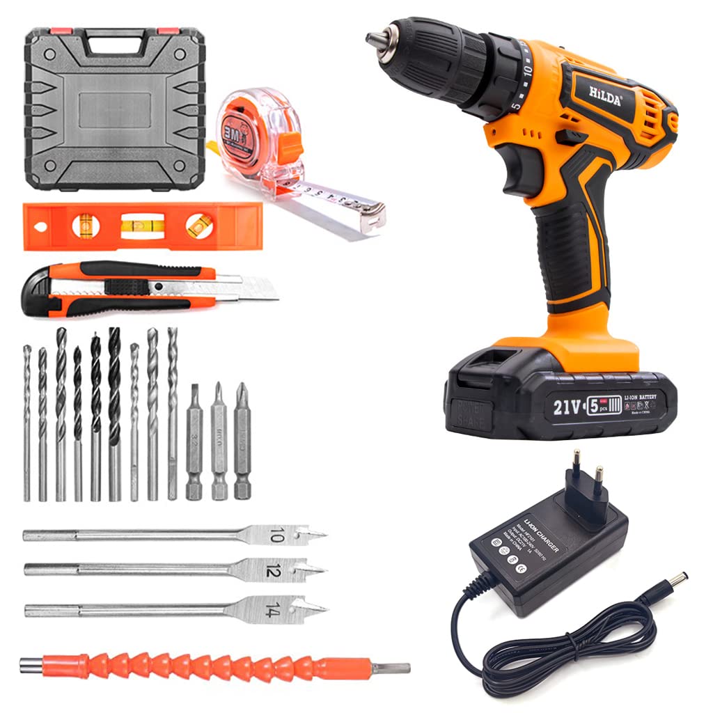 Serplex® Cordless Drill Machine Set, 21V Max Lithium-Ion Cordless Power Drill, Chuck 10 millimeters, Electric Drill with Full Set Accessories Tool Box Handheld Electric Drill for Woodwork, Repairing