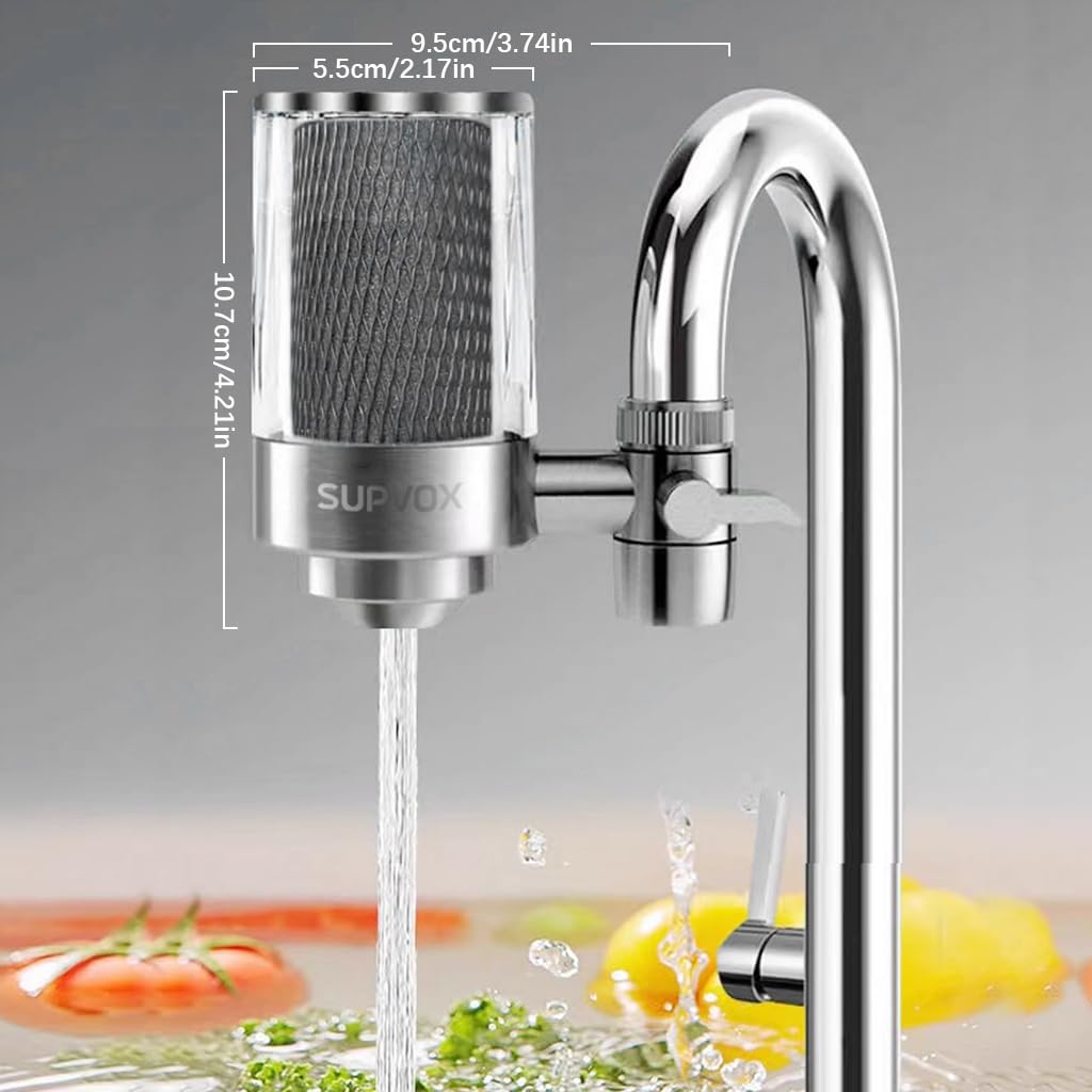 Supvox® Faucet Filter Water Tap Water Filter 304 Stainless Steel Faucet Water Filtration System Active Carbon Filtration Core Kitchen Sink Water Filtration System Tap Water Universal Water Tap Filter