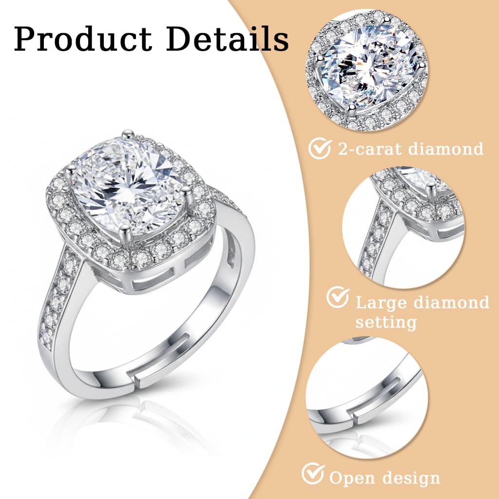 Zibuyu Diamond Ring for Daily Wear featuring 2 Carats Round Zircon Open Adjustable Design