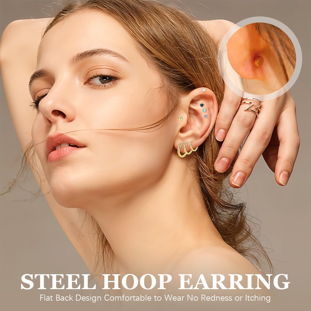 SANNIDHI Hypoallergenic Flat Back Earrings for Sensitive Ears with 0.8mm 20G Studs | Surgical Steel Stacking Set for Women