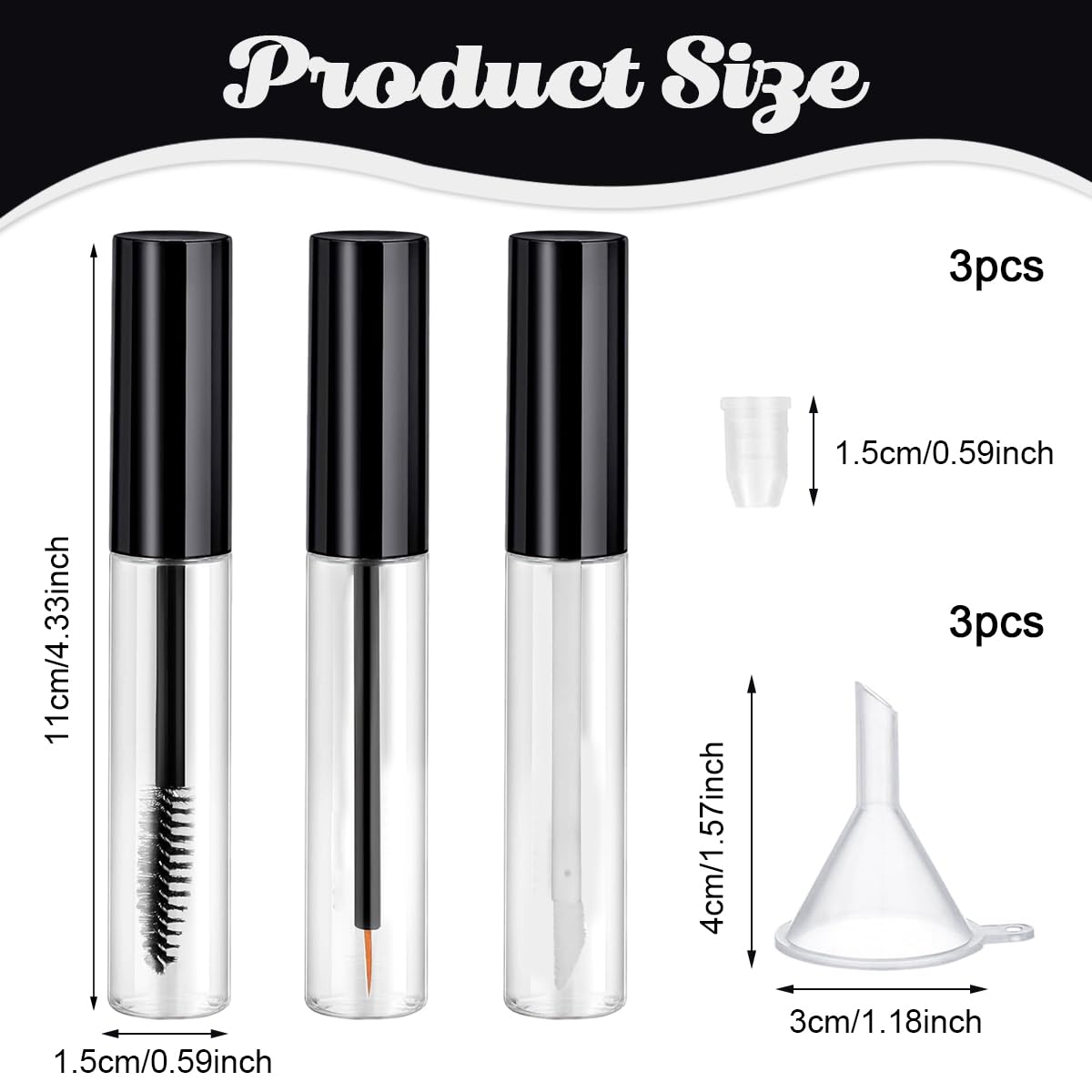 MAYCREATE 3Pcs 10ML Empty Mascara Tube, Eyeliner Tube and Lip Gloss Tubes, Lip Gloss Tubes with Wand, Eyeliner Tube with Rubber Inserts and Funnels, Airless Pump Bottles Travel Foundation Container