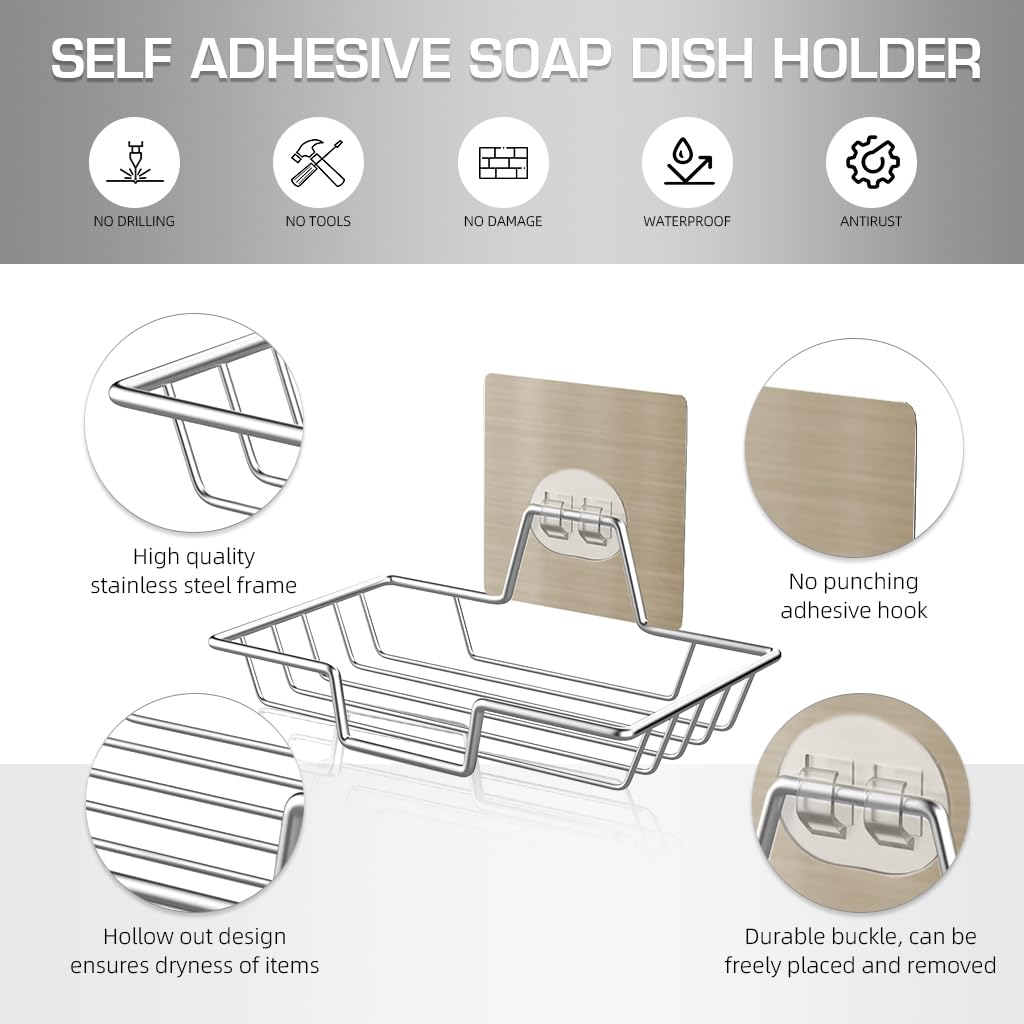 ZIBUYU Soap Holder for Bathroom with Self Draining Tray 14×9×2.3cm Stainless Steel | No Drill Wall Mount