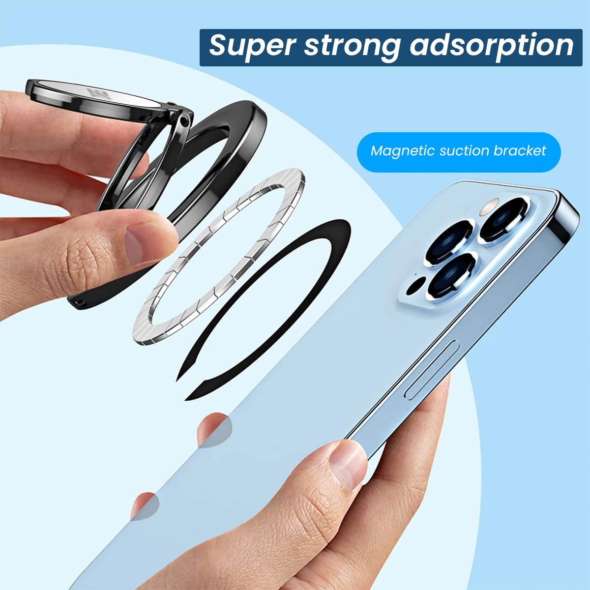 ZORBES Magnetic Phone Ring Holder for iPhone 12 13 14 15 with 360° Rotation and Triple Folding Stand | MagSafe Compatible Black
