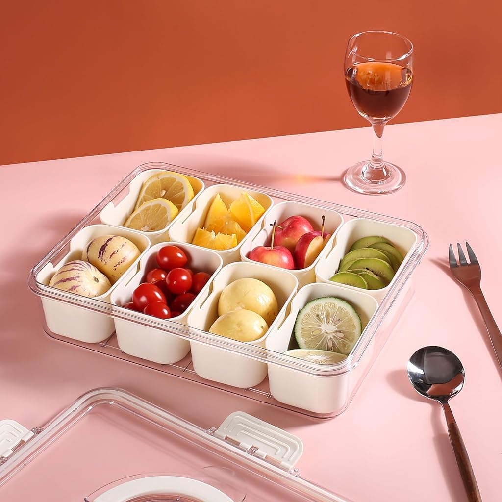 Supvox Fridge Organiser Storage Box for Kitchen with 8 Compartments 28x21x6.5cm | Transparent Lid and Silicone Seal
