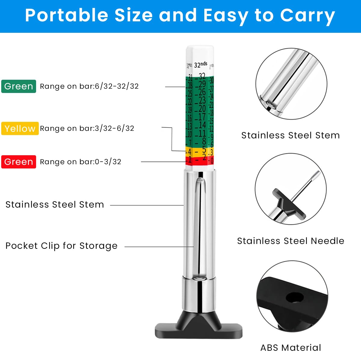 STHIRA Tire Tread Depth Gauge for Tire Safety with 0-25mm Range and Color Coded Marks | Stainless Steel
