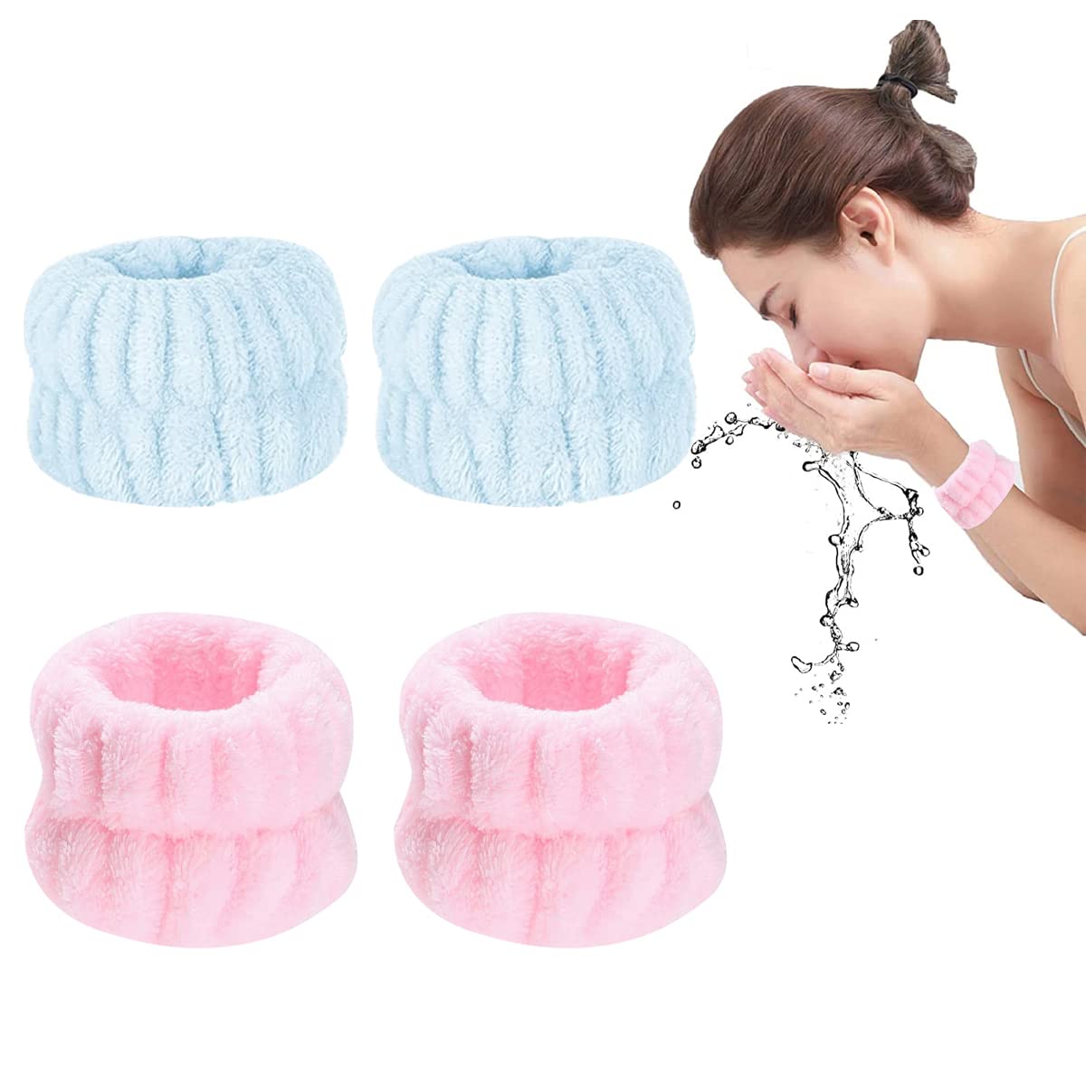 MAYCREATE Wrist Washband for Face Washing with Absorbent Microfiber Fabric Blue and Pink | 2 Pairs for Women and Girls