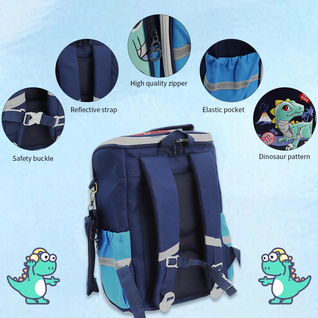 PALAY Boys School Backpack for Primary Students with 39×27×17cm Storage and Ergonomic Design | Blue Dinosaur Print with Reflective Safety Strips