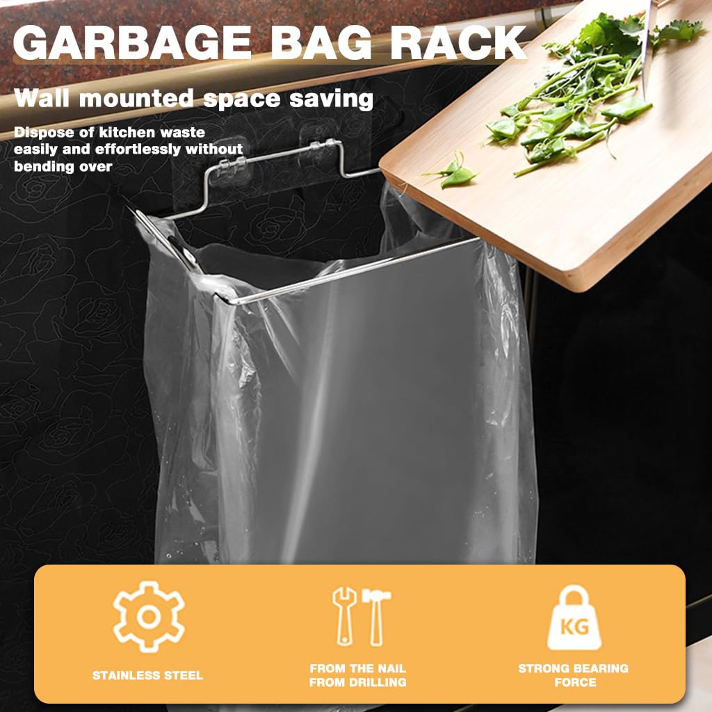 Supvox Trash Bag Hanger for Kitchen and Bathroom with Self Adhesive Wall Mount | Stainless Steel Frame