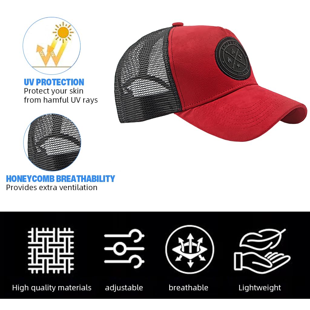Proberos Sun Cap for Men with Breathable Mesh Back and Adjustable Snap Closure, Red