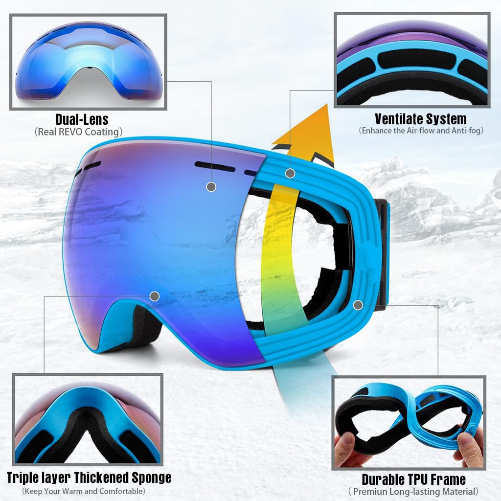 Proberos® Ski Goggles, Outdoor Sport Goggle Ski Goggle, Compatible with Optical Eyeglasses, Unisex Ski Snow Goggles Adjustable Headband Fashion Color Coated Ski Goggle