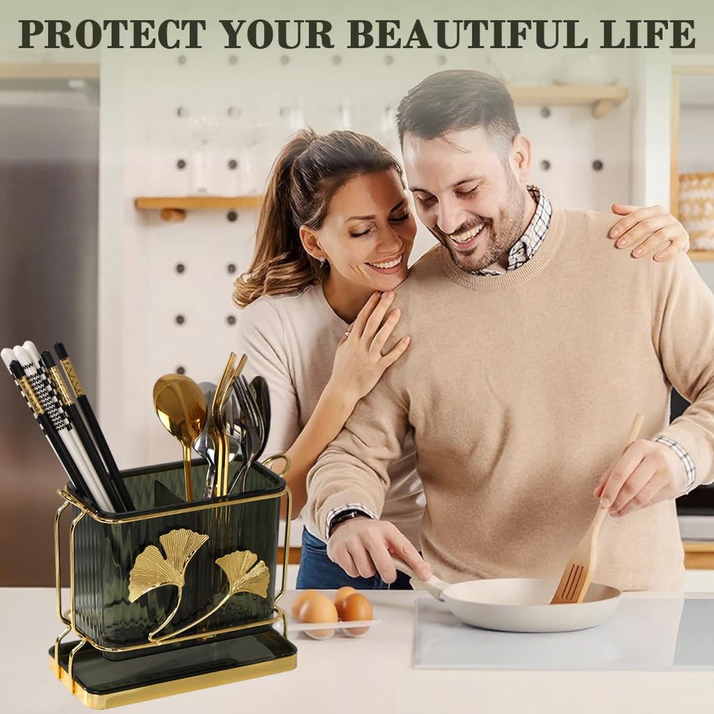 Supvox Cutleries Organizer for Kitchen with Dual Compartments and Drip Tray 17x8x16cm Green