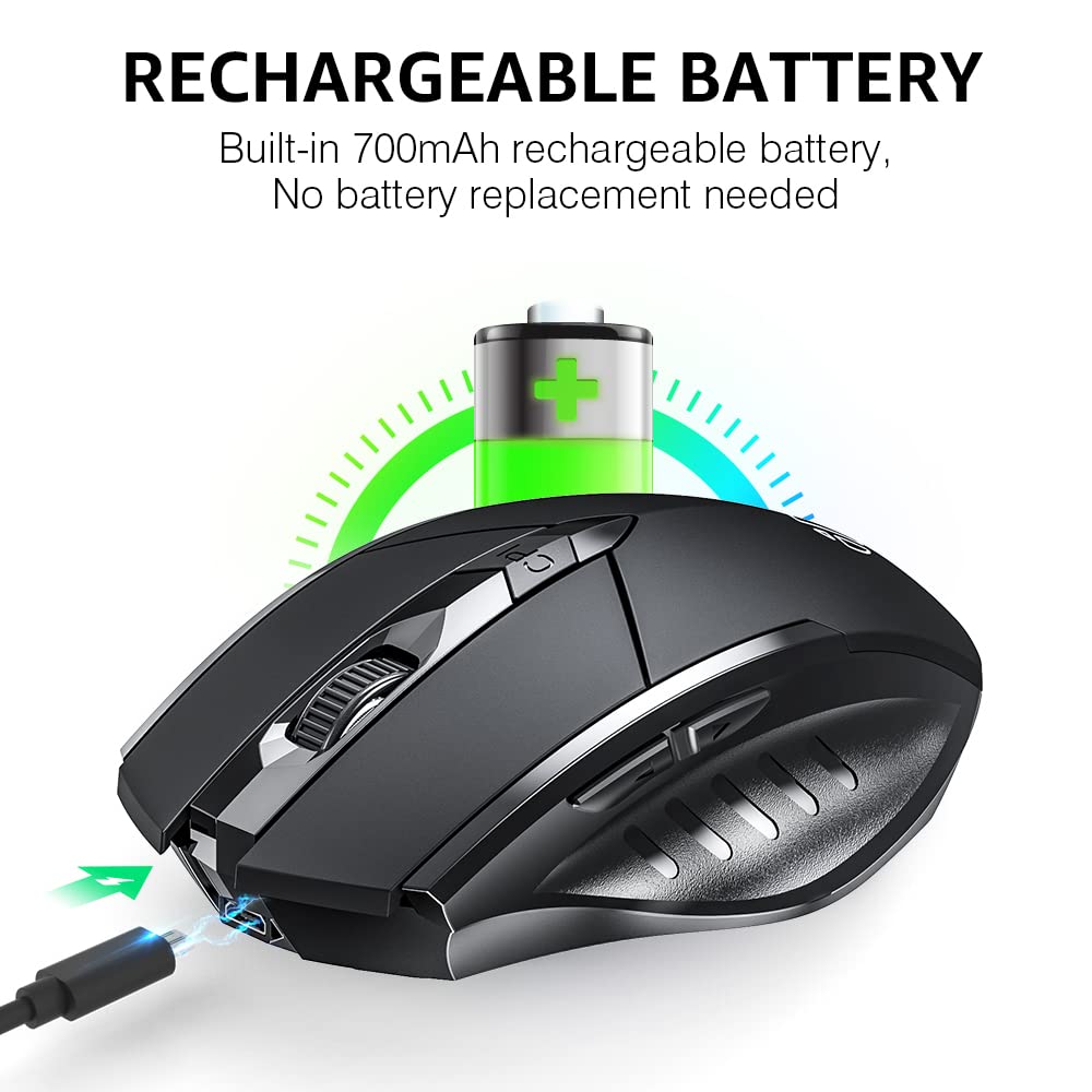 Verilux Wireless Mouse Rechargeable, Inphic Ergonomic Silent Click USB 2.4G Cordless Mouse for Laptop PC Computer Tablets Windows Linux, 6 Buttons, 1600DPI 3 Adjustment Level