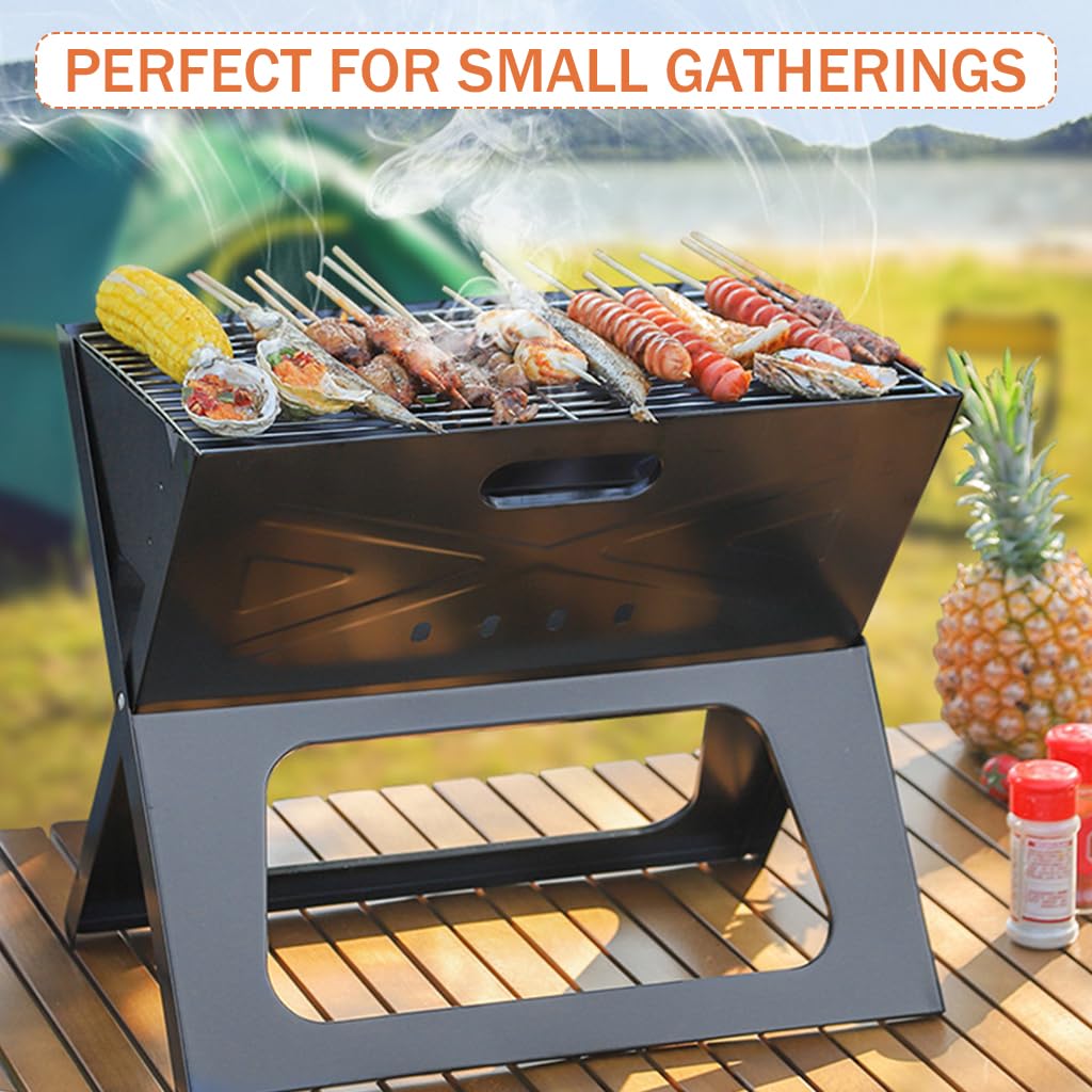 HASTHIP® Portable and Foldable BBQ Grill Set for Home with, Cold Rolled Steel Charcoal BBQ Grill Set for Picnic, Outdoor Camping, Travelling, Backyard(17.3x11.2x14in)