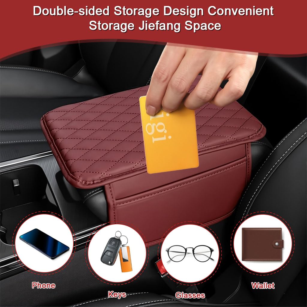 STHIRA Car Armrest Cushion for Comfort and Protection with Dual Mobile Pockets | PU Leather Universal Fit