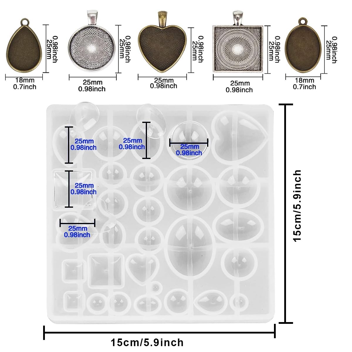 HASTHIP® Resin Molds Set Pendant Trays DIY Jewelry Making Resin Molds Set, 30Pcs 5 Styles Metal Pendant and 1 Pc Silicone Epoxy Jewelry Casting Molds for Pendant Crafting DIY Jewelry Gift Making
