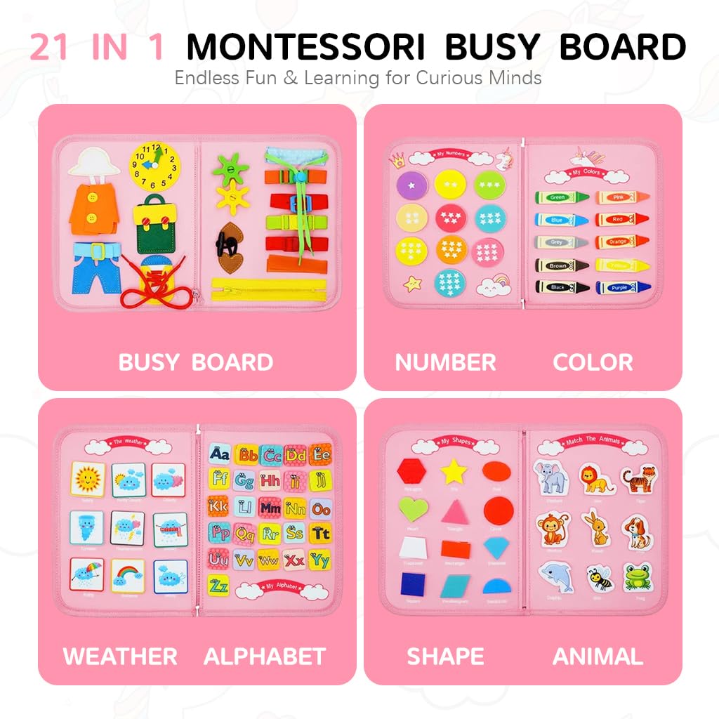 PATPAT Busy Board for Toddlers featuring Rainbow Unicorn Design for 1 2 3 4 Year Old Kids | Montessori Sensory Learning Toy
