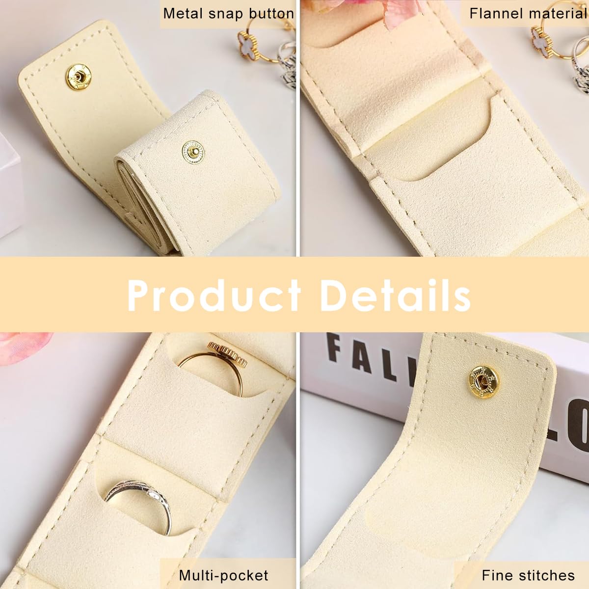 MAYCREATE Jewelry Organizer Pouch for Travel with 4 Compartments and Snap Closure | Beige PU Case